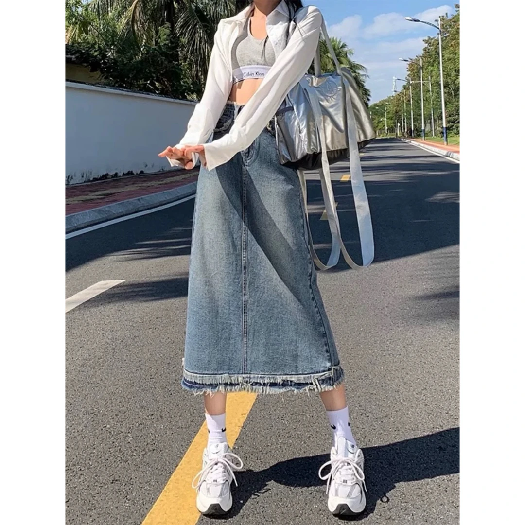 1111 港风复古毛边设计百搭高腰A字版显瘦牛仔半身裙