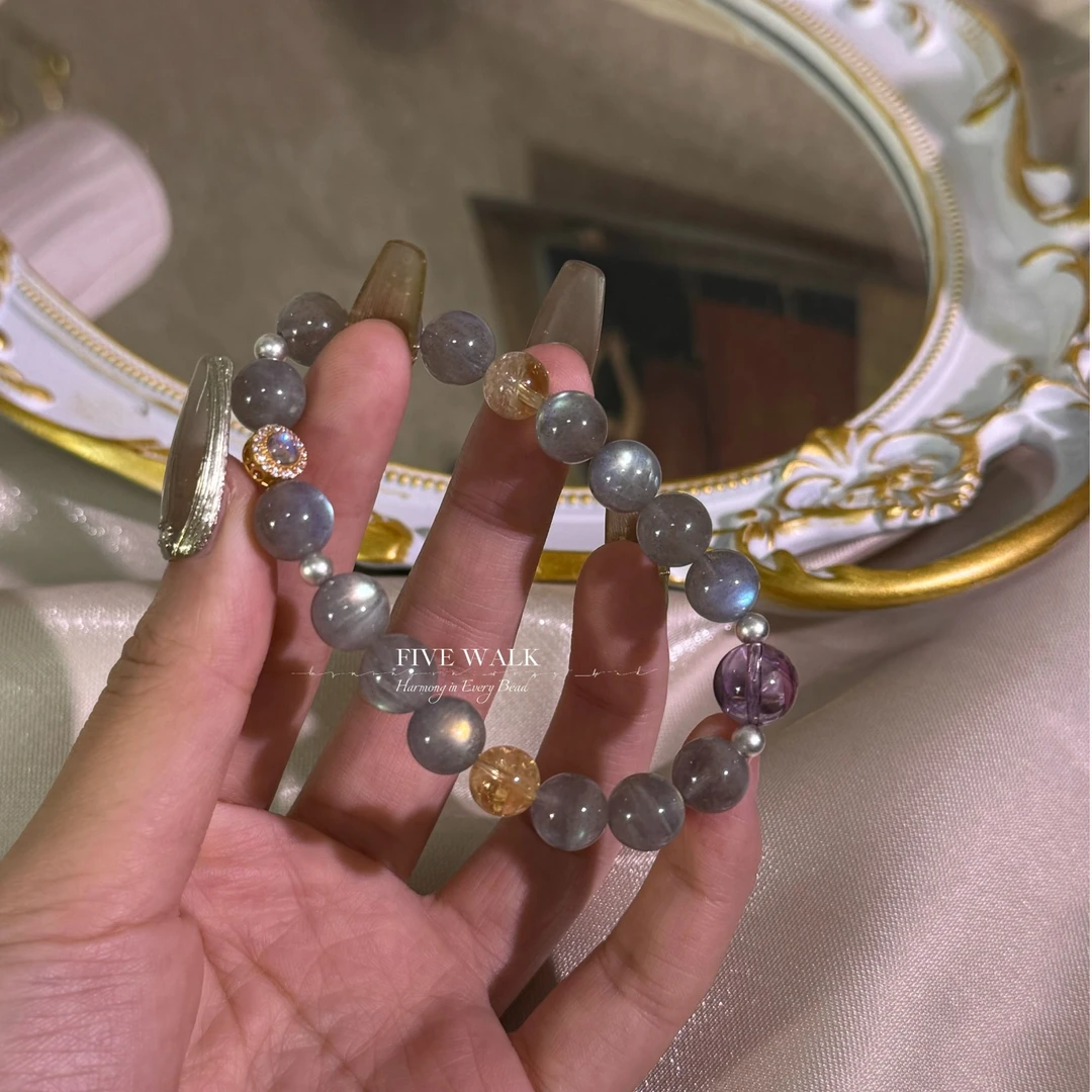 FIVE WALK原创设计“月珀”爆闪猫眼巴西紫水黄塔晶银镶手串