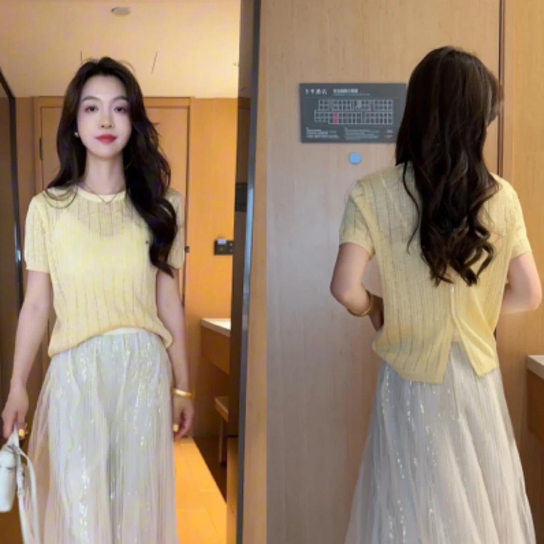 夏季设计感后排扣镂空针织衫25新款圆领短款甜美夏针织洋气外穿