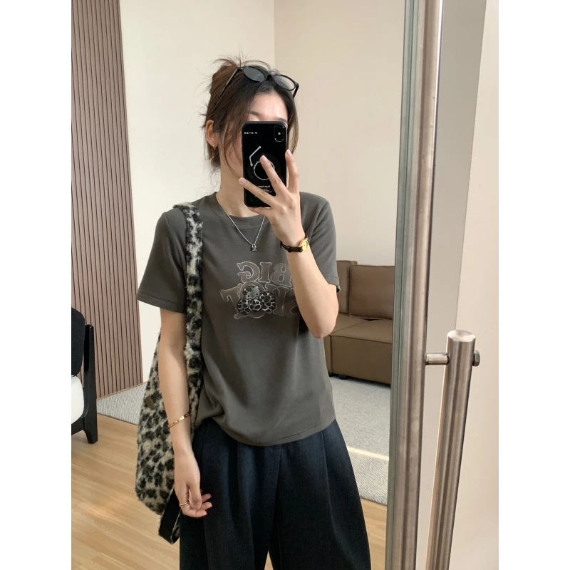 【JMHH】莱赛尔羊毛卡通印花内里磨毛绒短袖t恤女韩版显瘦套头上衣