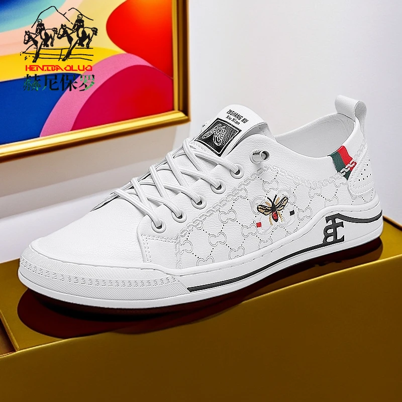 赫尼保罗男士透气休闲板鞋时尚百搭软底运动鞋一脚蹬小白鞋潮流鞋