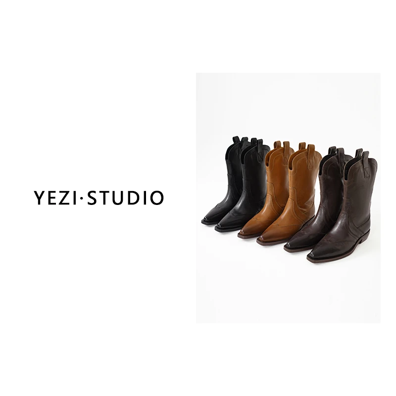 【西部牛仔】复古擦色小牛皮尖头绣线中筒西部骑士靴25249058