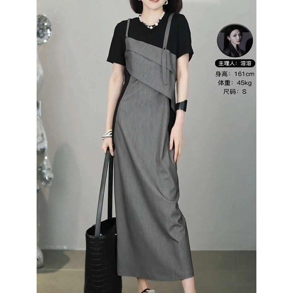 时尚高档拼接假两件短袖连衣裙女2025夏季新款气质设计感圆领裙子