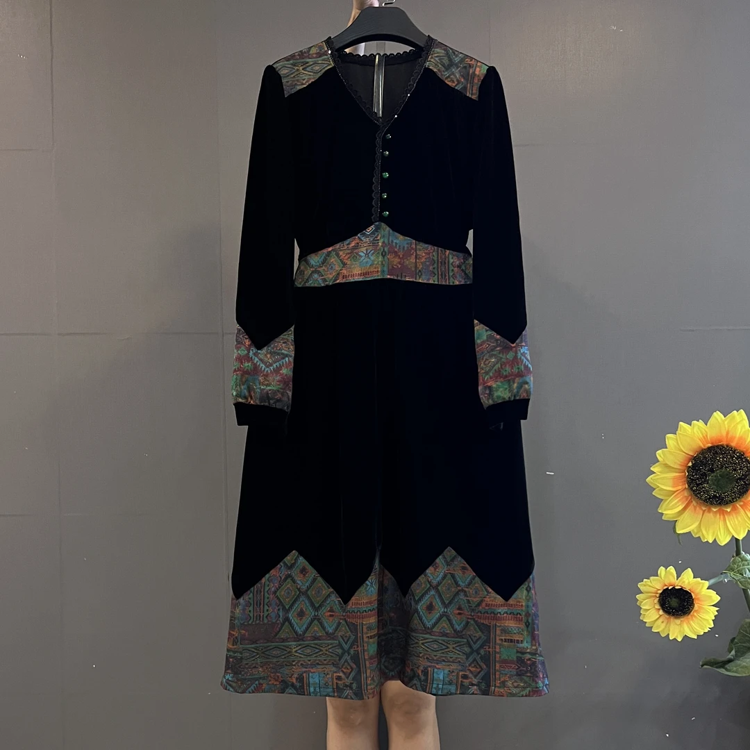 新款民族风气质V领时尚印花收腰显瘦中长款丝绒连衣裙