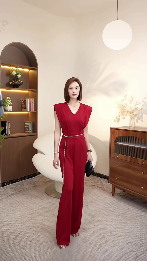 【君君】夏季新款酒影绮遇高级感时尚小众V 领无袖连体裤SW0958