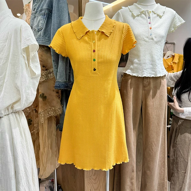十三行夏装多巴胺穿搭翻领排扣显瘦甜辣妹短袖A字黄色T恤连衣裙