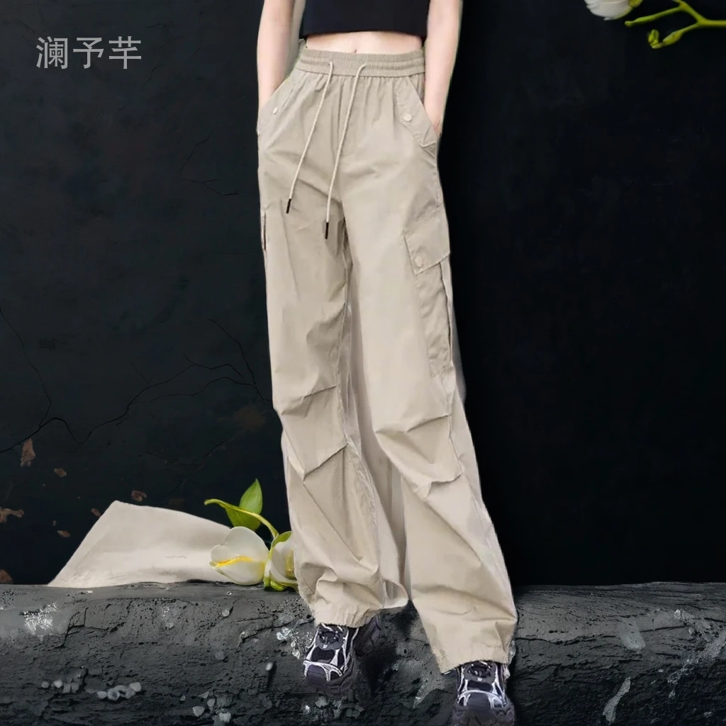 美式夏季2025新款女薄款直筒工装休闲高腰宽松阔腿束脚运动裤