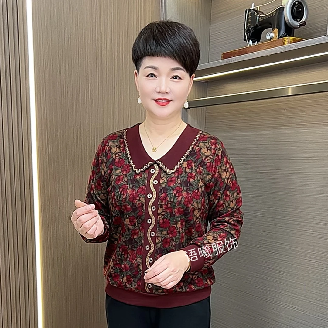 烫钻薄款长袖娃娃领中老年女装秋季新款洋气时尚碎花上衣F9976