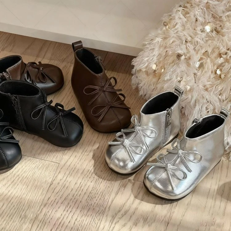 韩版女童银色蝴蝶结短靴秋冬1-3岁儿童二棉靴软底女宝宝公主皮靴