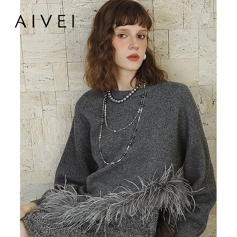 AIVEI欣贺艾薇冬季新小众设计感不规则鸵鸟毛针织毛衣R760106D