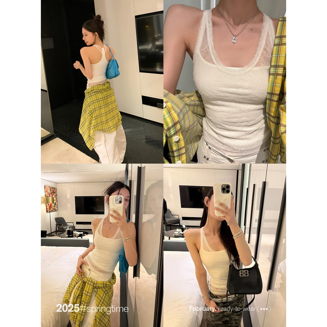 SUNONEONE 针织挂脖吊带背心女春季蕾丝显瘦百搭短款上衣H0884A