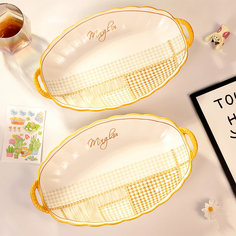 直播间专属价链接：千鸟格12英寸双耳大鱼盘家用陶瓷网红个性盘子