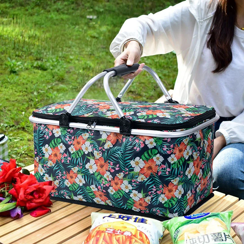 保温野餐篮折叠户外冰包便携外卖快餐包春意盎然手提野餐购物篮子