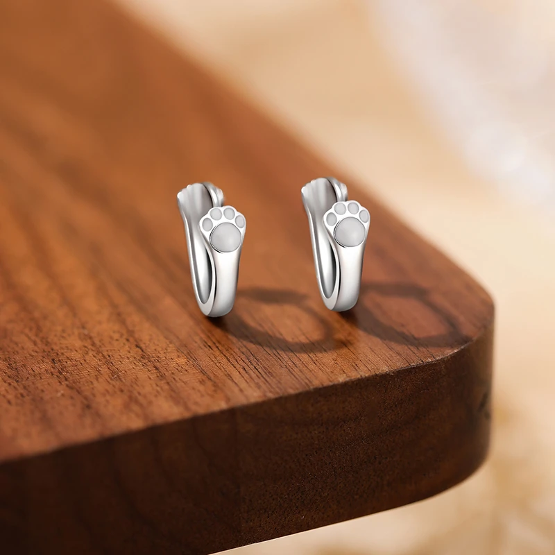 言若银匠 足银耳饰 纯银耳扣女可爱萌猫爪小众简约免摘耳环EK198