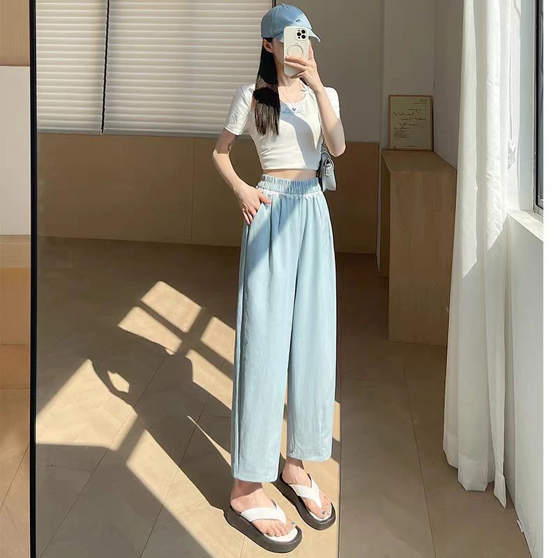 5591蕾丝花边阔腿裤夏季薄款高腰垂感多巴胺直筒裤