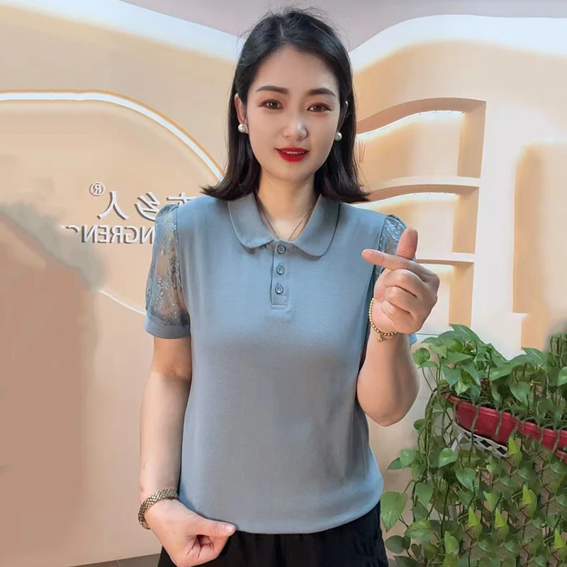 夏季宽松洋气蕾丝短袖T恤时尚妈妈装休闲减龄娃娃领百搭气质显瘦T