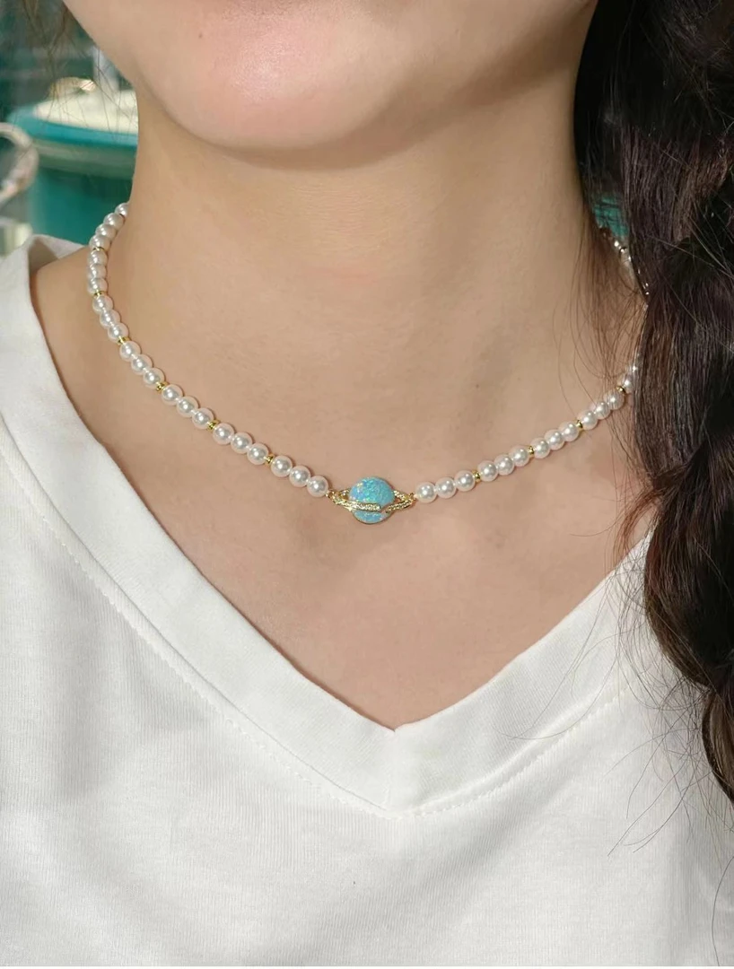 铜合金吊坠 毒饰高定  轻奢幻彩碎冰蓝星球珠珠项链KG8700