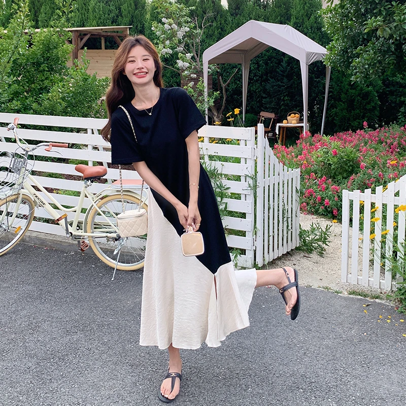 黑色赫本风拼接法式连衣裙女夏2025新款气质吊系约会鱼尾t恤裙