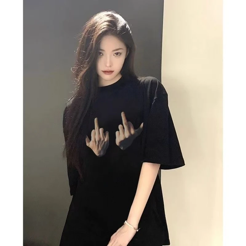 重磅纯棉潮牌中指短袖t恤女夏季2025新款爆款黑色宽松无性别上衣