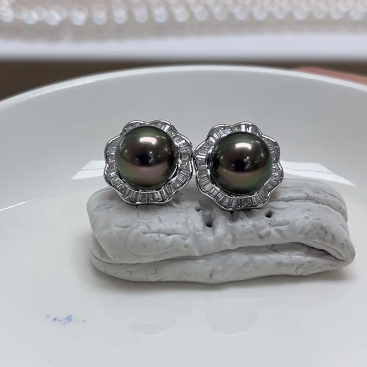 银S925镶嵌耳饰海水珍珠大溪地孔雀绿9-10m 29号