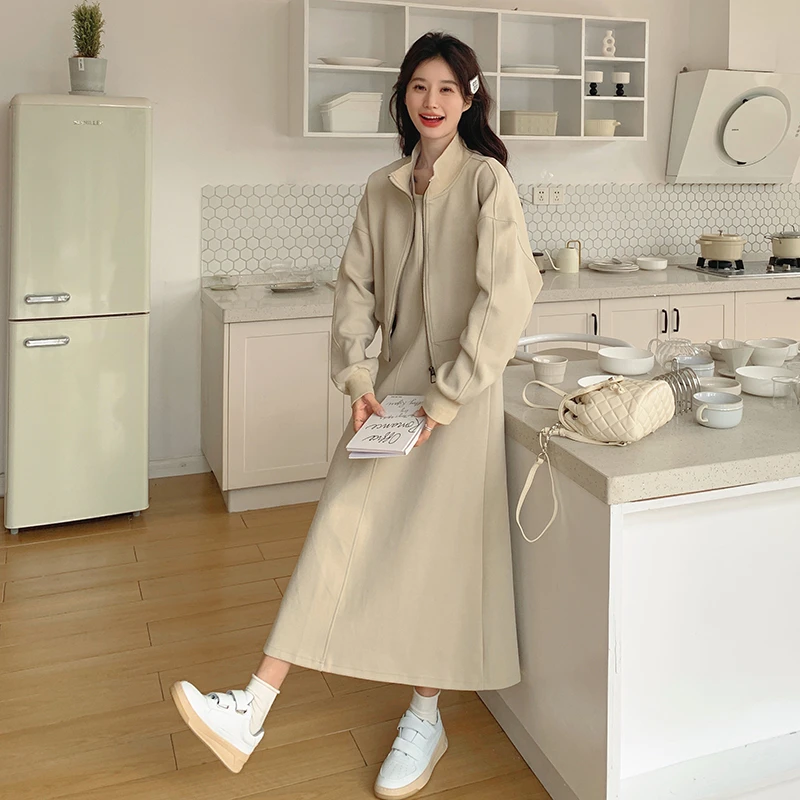 卡其色休闲卫衣外套背心裙套装女2025秋季新款韩系减龄穿搭两件套