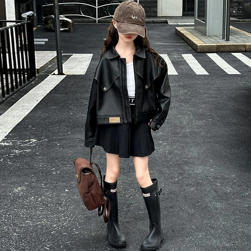 女童春秋季皮衣2025中大女童外套女孩时髦皮夹克衫潮酷春装时尚潮