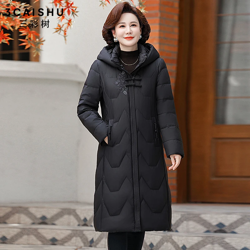 三彩树中老年羽绒服女款过膝长款妈妈冬装加厚奶奶太太冬季外套