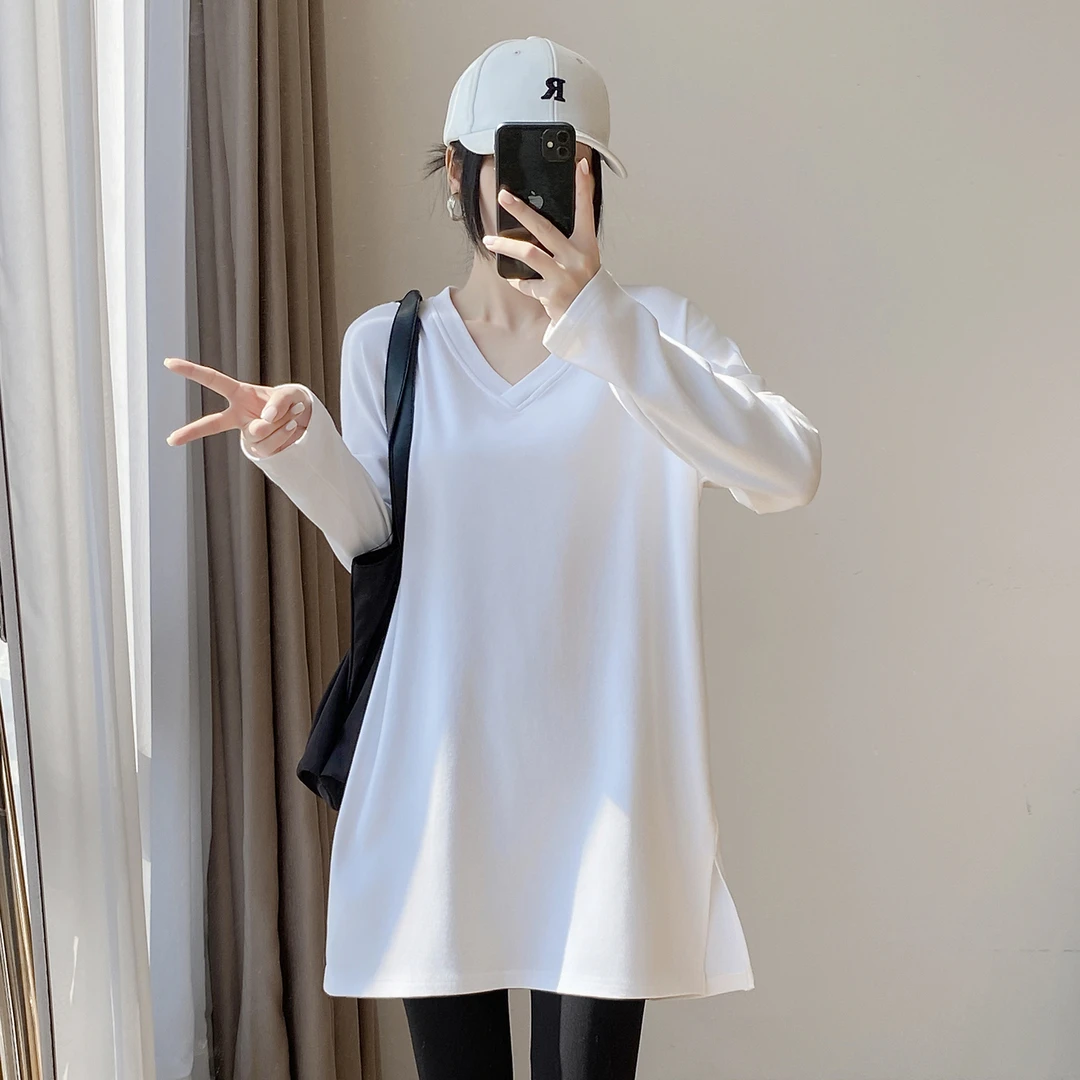 白色慵懒风V领加长款高个子长袖t恤女秋冬80CM宽松纯色休闲上衣