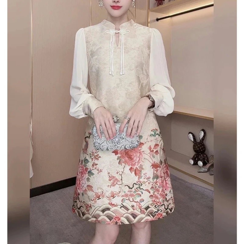 新款高定小香风新中式国风刺绣复古立领泡泡袖连衣裙S6292