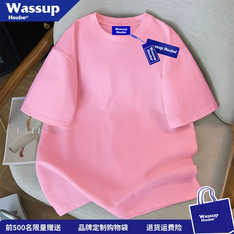 WASSUP HSUBE休闲简约风粉红色短袖T恤男女夏季美式百搭宽松上衣