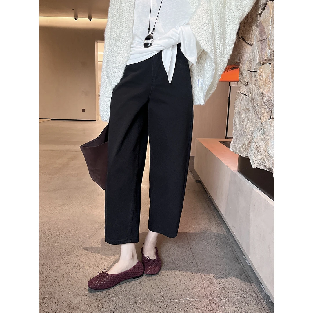 秋新棉法式立裁茧型高腰九分牛仔裤显瘦阔腿裤裤子黑色