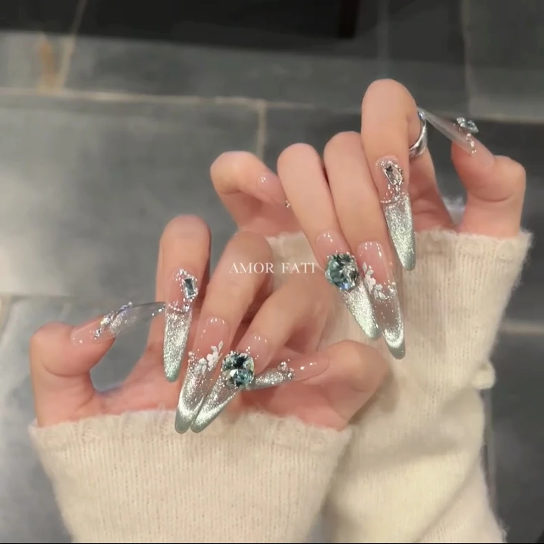 【海棠】夏日气质爆闪青绿色猫眼纯手工穿戴甲1