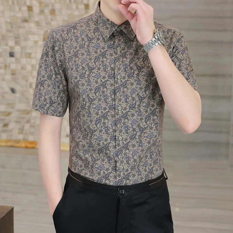 夏季时尚男士高品质弹力抗皱轻商务短袖衬衫腰果花印花半袖产生潮