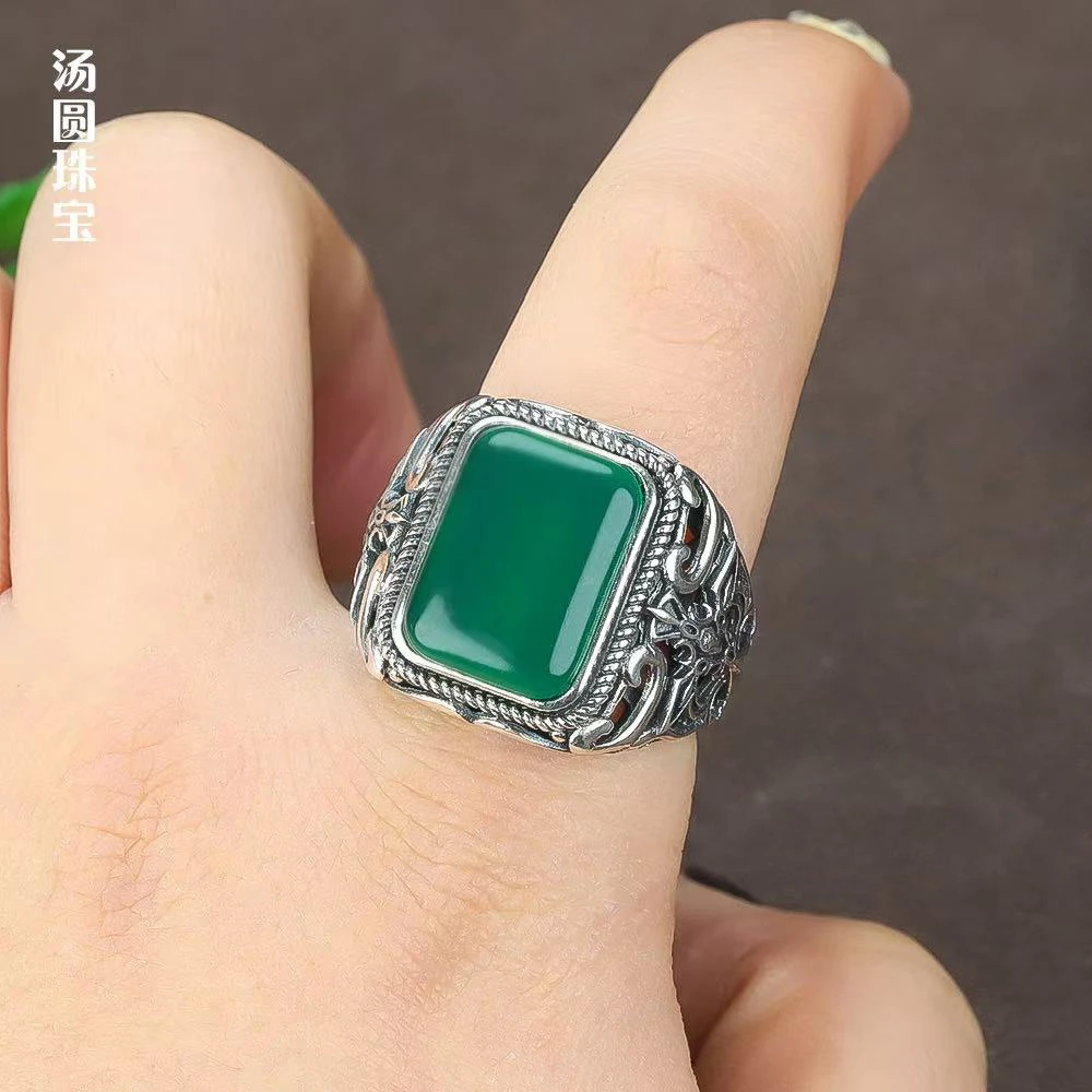 天然帝王绿玉髓男士平安戒银s925重工镶嵌开口戒可调节
