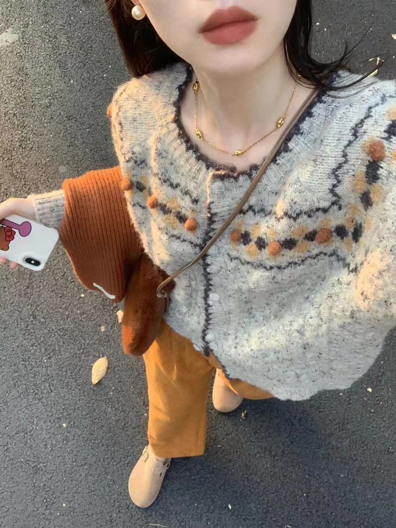 2025秋冬新款韩系慵懒风软糯外套撞色针织开衫高腰阔腿裤两件套