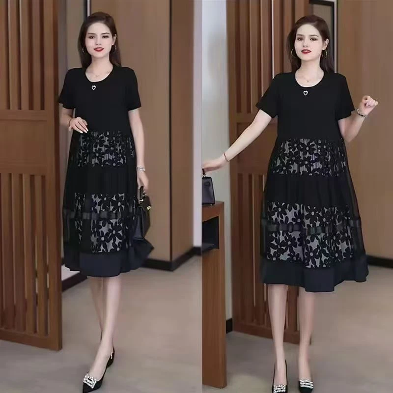 2025夏季新款时尚百搭洋气减龄字母圆领长袖大码连衣裙