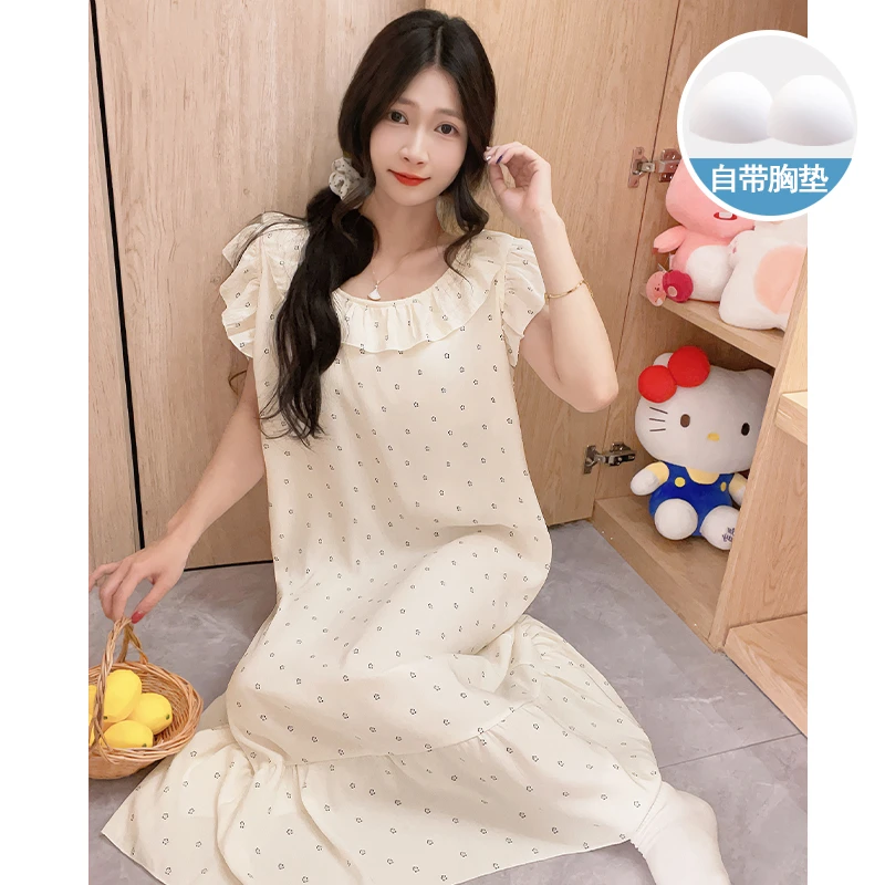 女大学生睡衣睡裙云朵棉女士夏季薄款中长款可外穿夏天短袖家居服