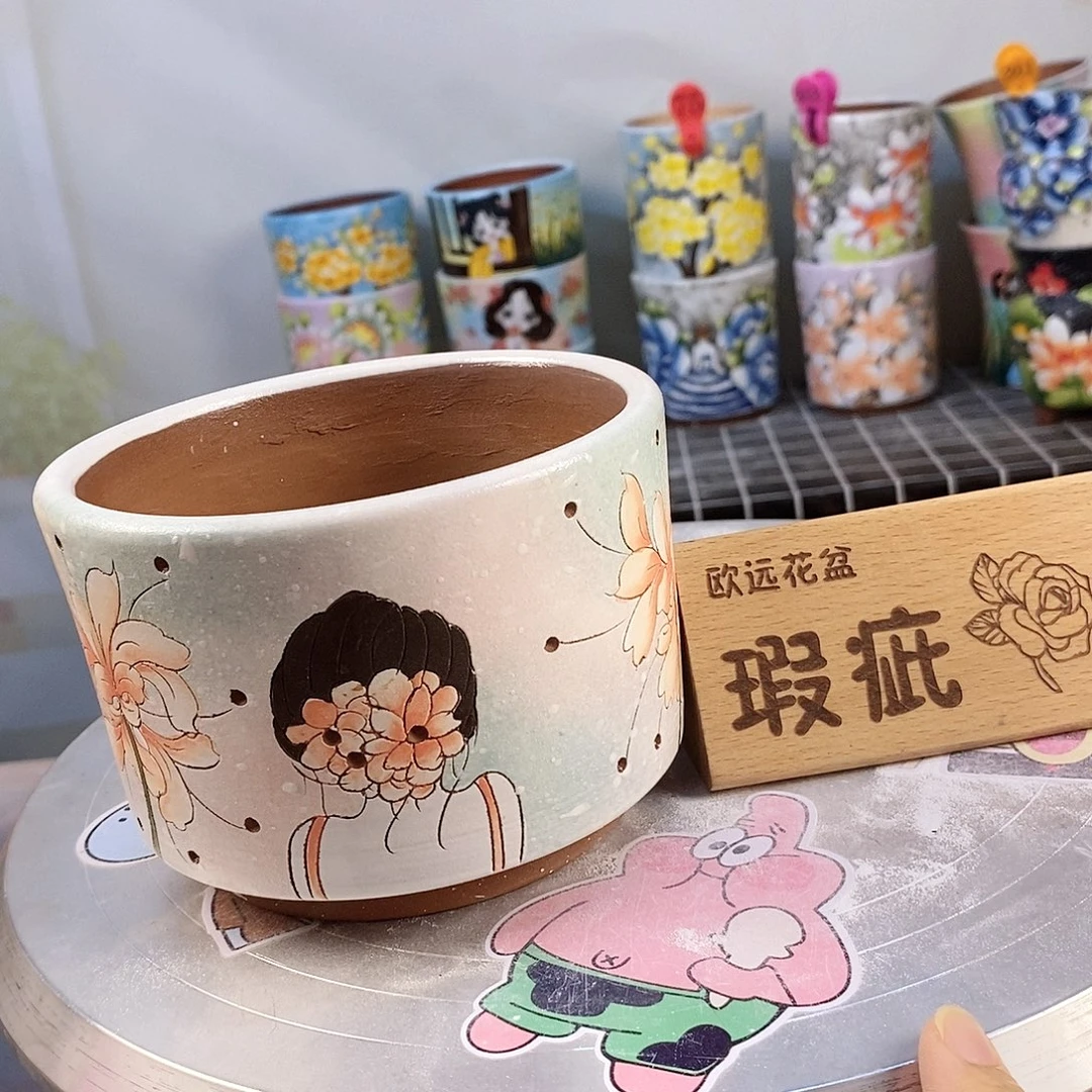 紫砂花盆红陶手绘花盆