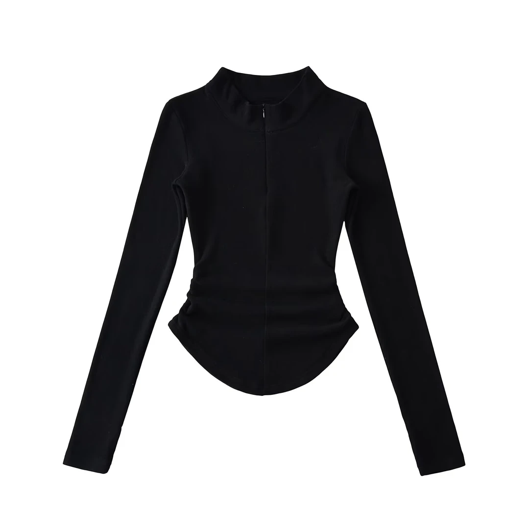 秋冬新款半高领拉链打底衫女内搭设计感正肩小众收腰褶皱长袖上衣