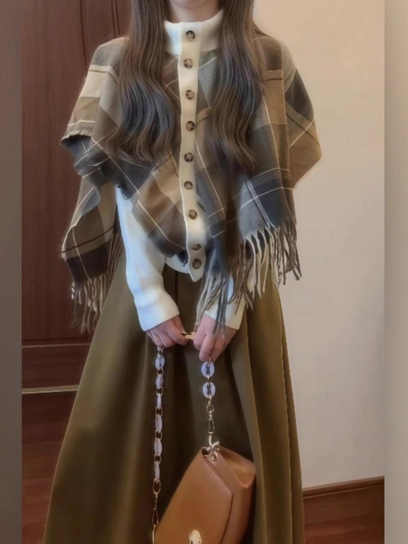 秋季新款韩系气质不规则披肩格纹针织毛衣上衣高腰半身裙两件套女
