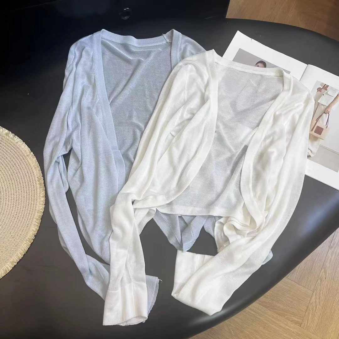 夏季长袖薄款女短外套防晒衫吊带外搭针织开衫H7596