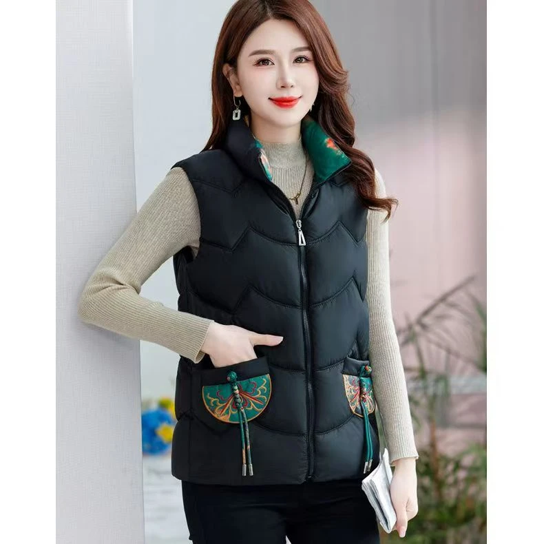 女士刺绣马甲2025夹棉加厚马甲冬季国风妈妈装中老年保暖坎肩0404