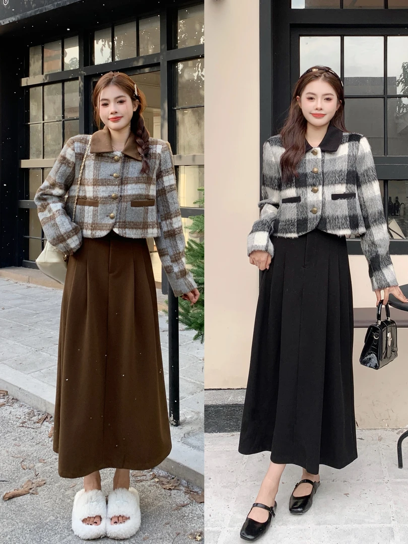 小个子美拉德小香风格子加厚毛呢短外套+百褶时尚长裙两件套8771