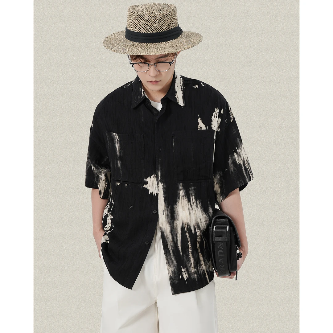 夏季透气复古短袖衬衫印花男士休闲宽松五分袖衬衣外套上衣