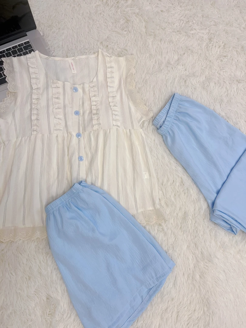 2025夏季新款无袖蕾丝边拼接AB版高级感小清新带胸垫三件套睡衣女