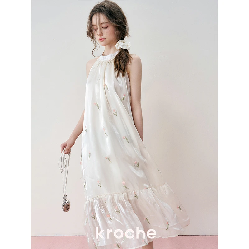 【梦一专属】Kroche 挂脖系带 郁金香绣花欧根纱挂脖连衣裙
