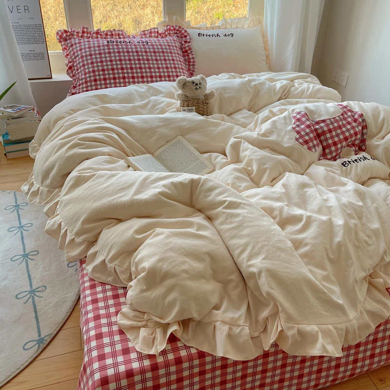 诺漾家纺-水洗棉卡通花边贴布绣四件套宿舍三件套被套床上用品