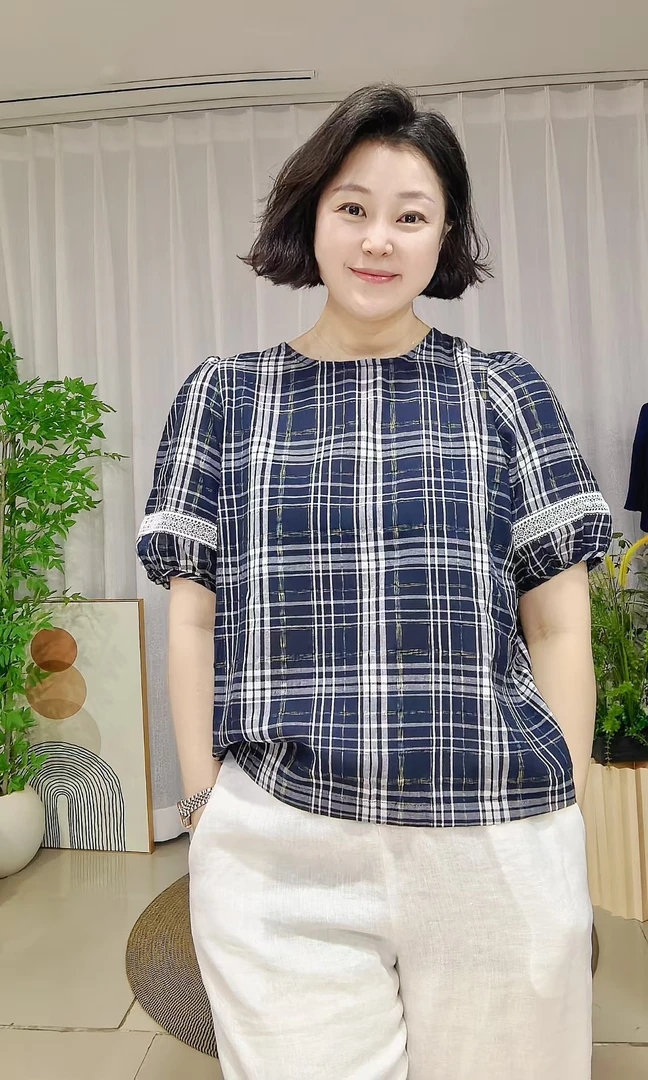 格子薄款女装泡泡袖短袖衬衫T (祐祐女装)