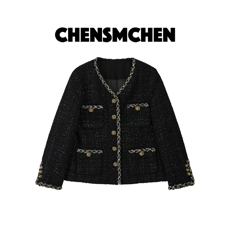 CHENSMCHEN 经典粗花呢V领小香外套女精致优雅气质上衣CSW8504TT