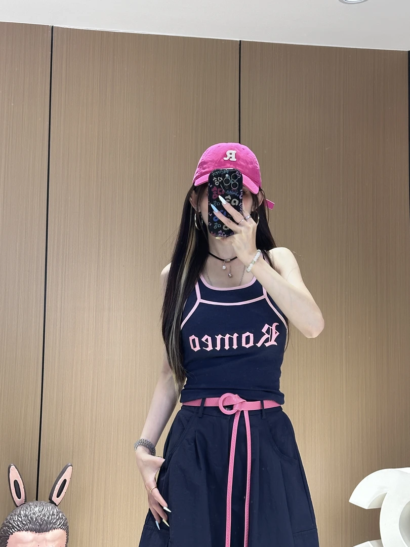 XX8862 夏季新款辣妹纯欲撞色假两带胸垫字母印花修身显瘦背心女